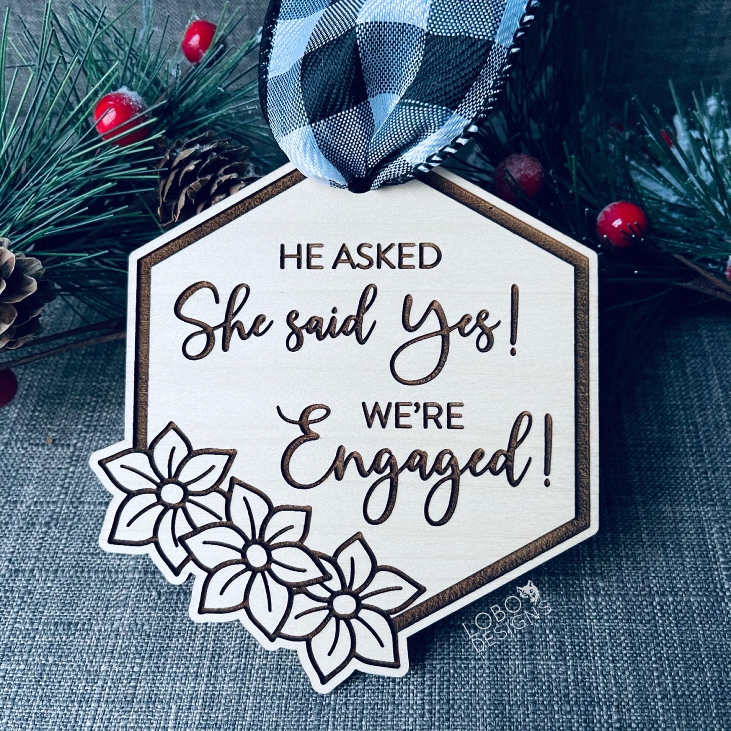 Digital Design — We're Engaged Floral Hexagon Ornament