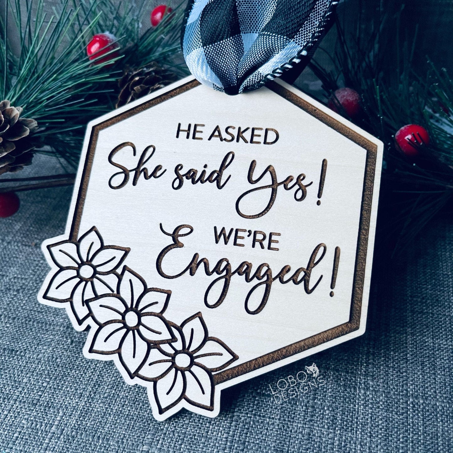 Digital Design — We're Engaged Floral Hexagon Ornament