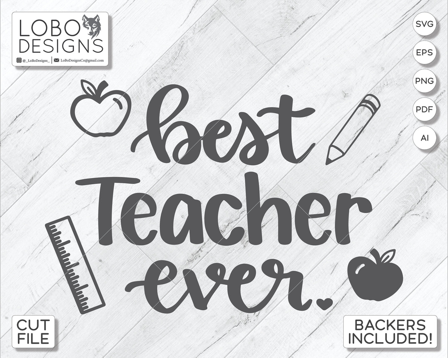 Digital Design — "Best Teacher Ever" w/ Rulers, Apples, Pencils, Mini Frames, and Backboards